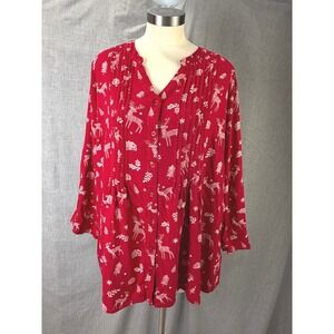 Coldwater Creek Red Reindeer Christmas Print Peasant Blouse Top Plus Size 2X